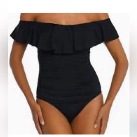 NWT La Blanca Island Goddess Black Off the Shoulder One Piece Swimsuit Size 8 - Picture 16 of 16